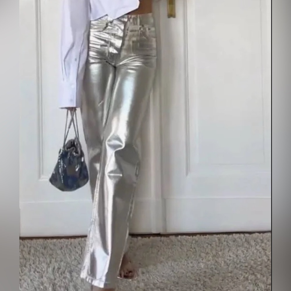 ZARA CHROME / METALLIC SILVER DIPPED BOYFRIEND DENIM JEANS -6 🔥🤘